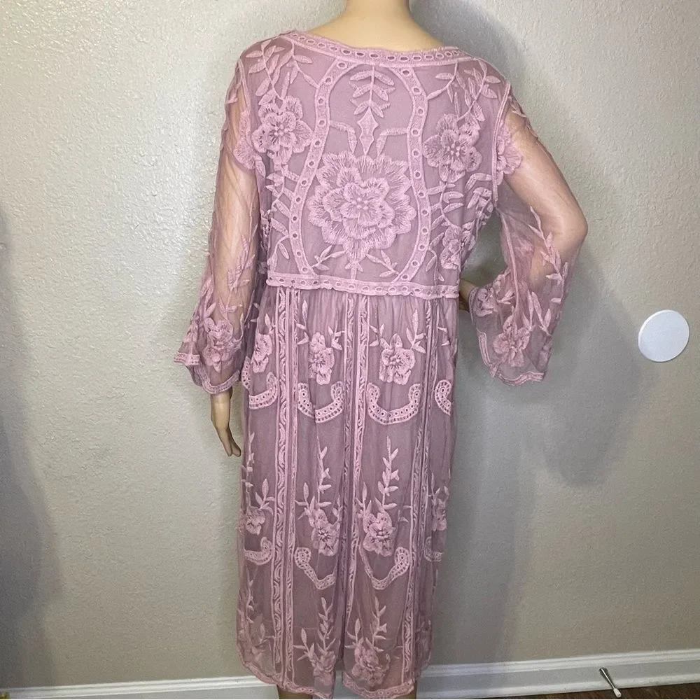 Jodifl Boho Hippie Blush Pink Dress Embroidered Sheer Mesh Over Lining Sz M/L